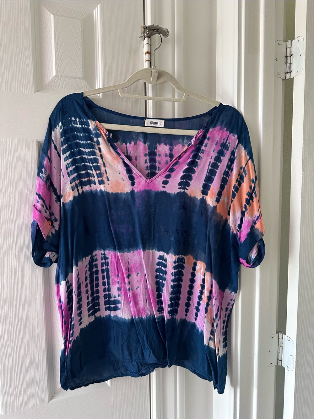 glam Navy Tie-Dye V-Neck Tunic with Pink & Peach Accents